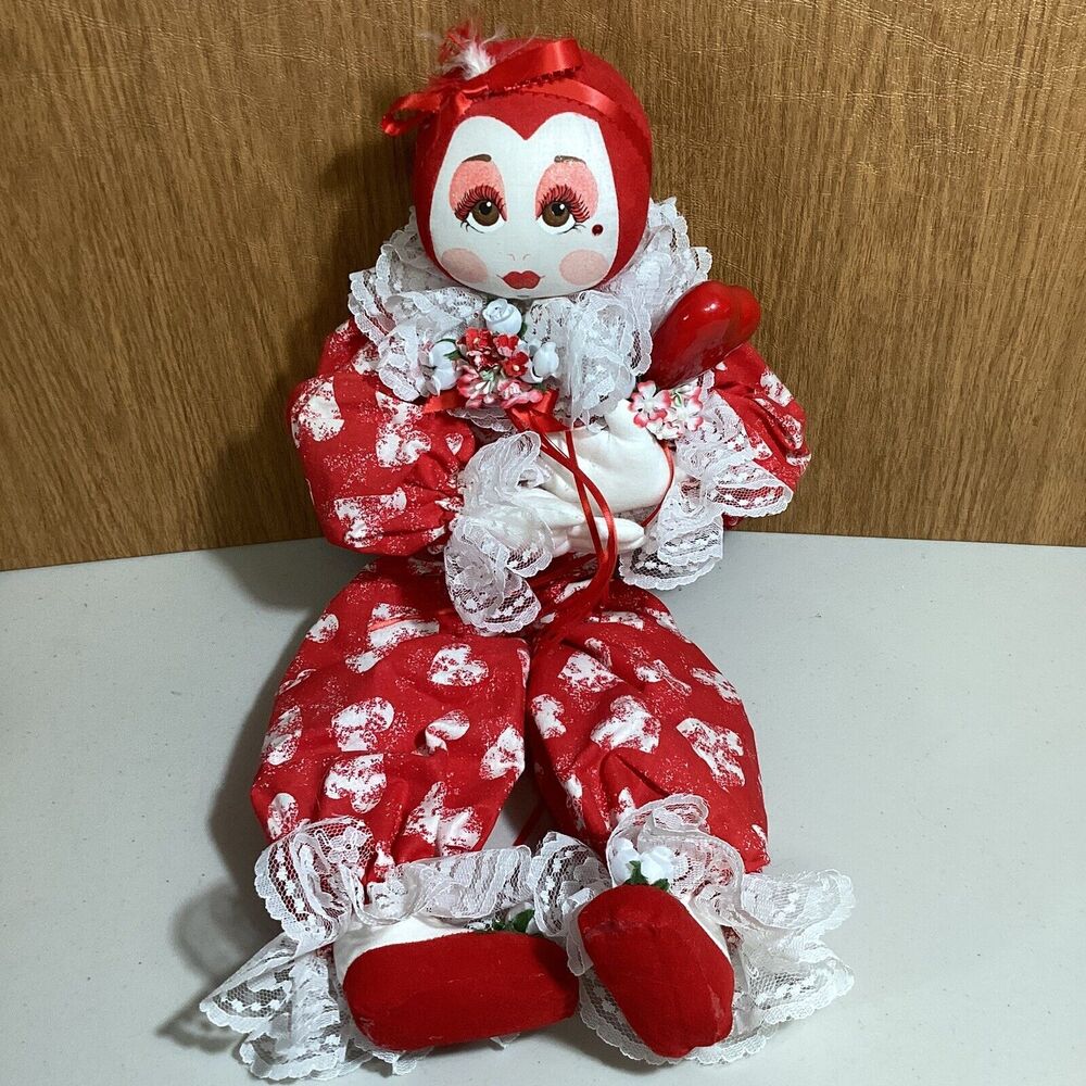 Red Vintage Handmade Jester Clown Joker Valentines Day Love Doll 19”